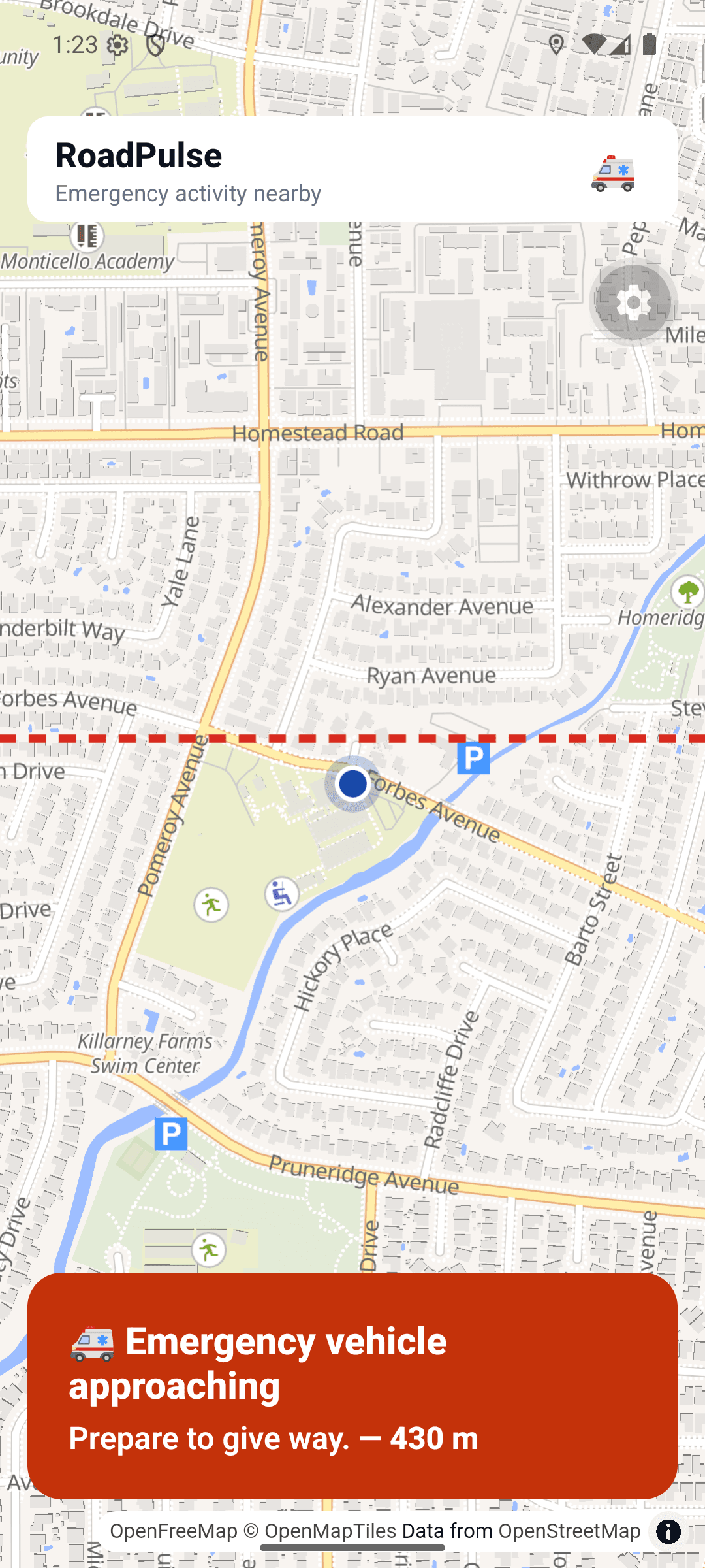 Driver screen: emergency vehicle approaching, prepare to give way, 430 metres