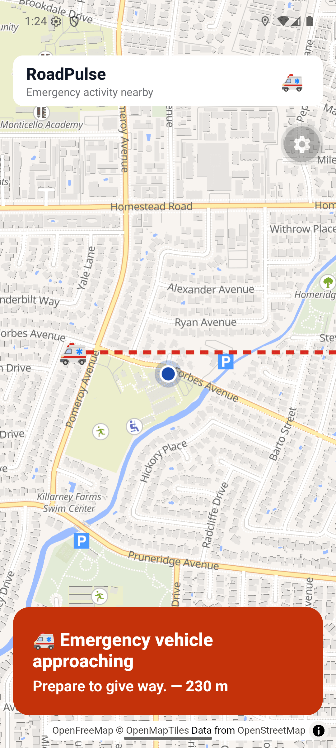Driver screen with the ambulance visible on the map, 230 metres away